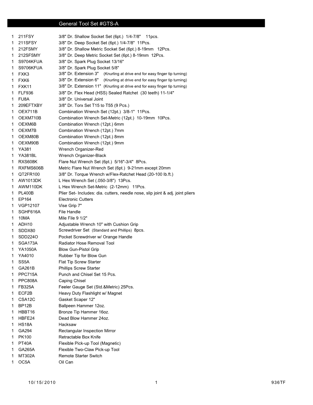 Chassis and Powertrain Tool List