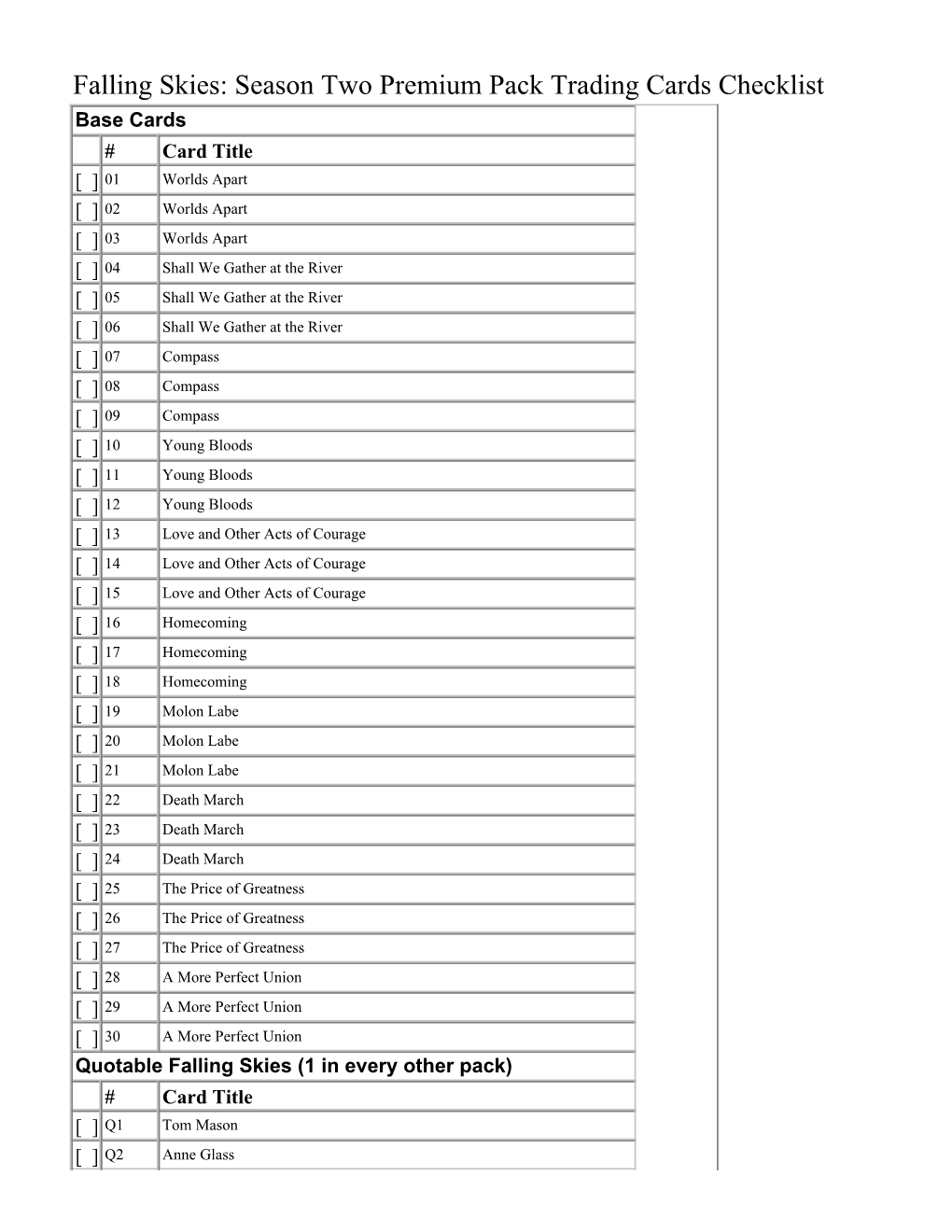 Falling Skies: Season Two Premium Pack Trading Cards Checklist