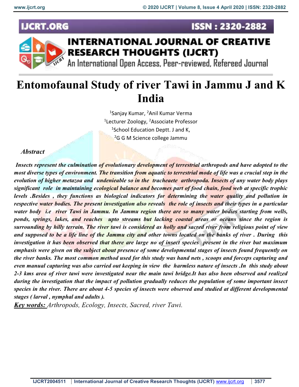 Entomofaunal Study of River Tawi in Jammu J and K India