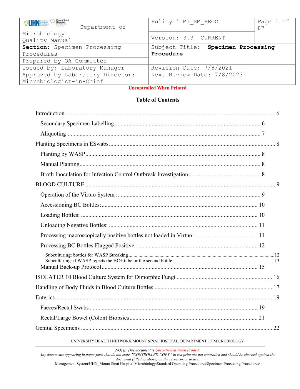 Specimen Processing Procedure MI SM PROC