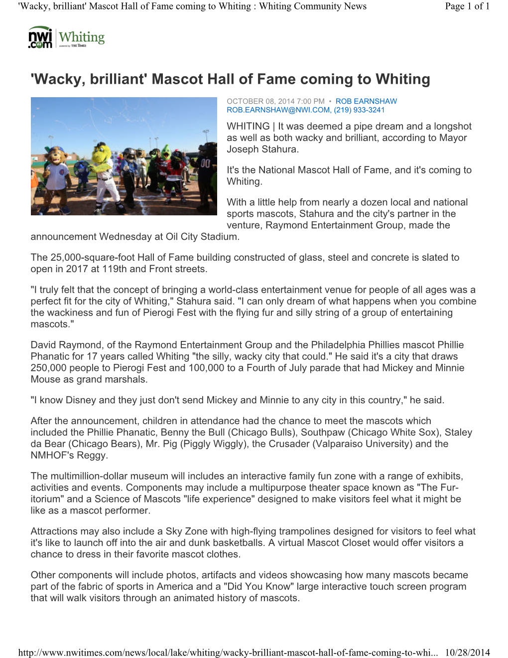 'Wacky, Brilliant' Mascot Hall of Fame Coming to Whiting : Whiting Community News Page 1 of 1