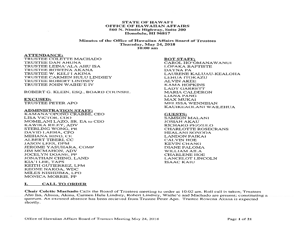 STATE of HAWAI'i OFFICE of HAWAIIAN AFFAIRS 560 N. Nimitz Highway, Suite 200 Honolulu, III 96817 Minutes of the Office of Hawa