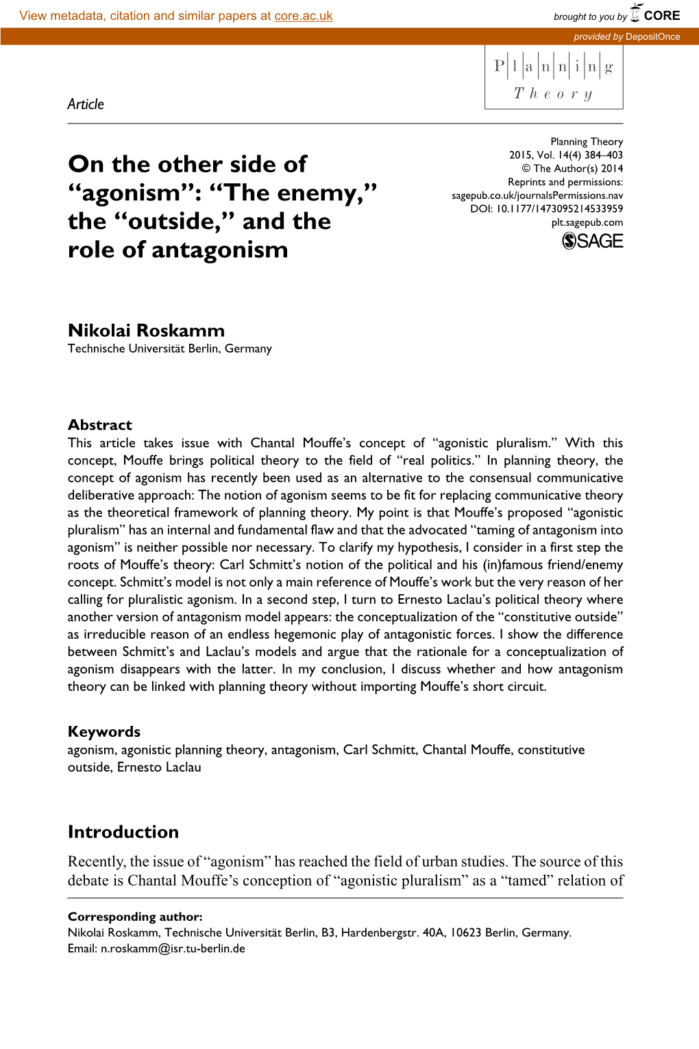 Agonism”: “The Enemy,” Sagepub.Co.Uk/Journalspermissions.Nav DOI: 10.1177/1473095214533959 the “Outside,” and the Plt.Sagepub.Com Role of Antagonism