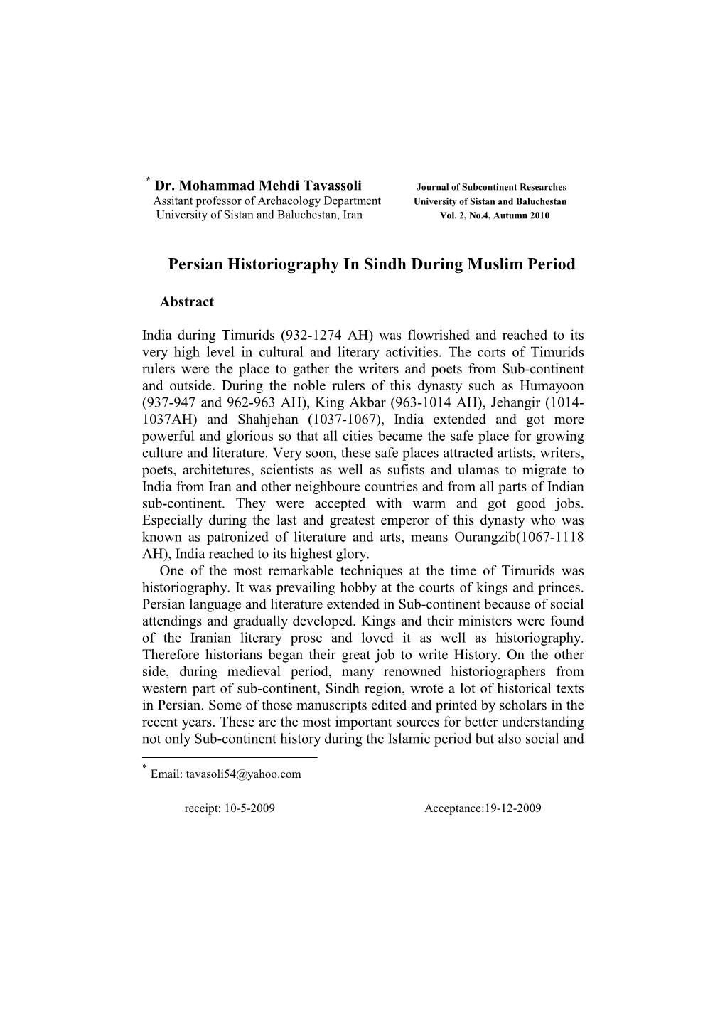 Persian Historiography in Sindh During Muslim Period