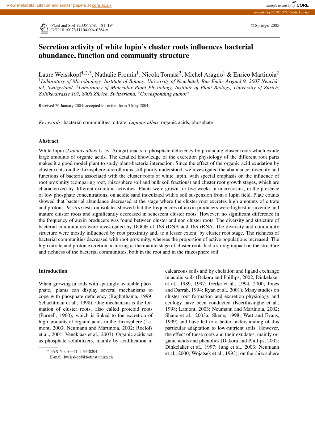 Secretion Activity of White Lupin's Cluster Roots Influences Bacterial