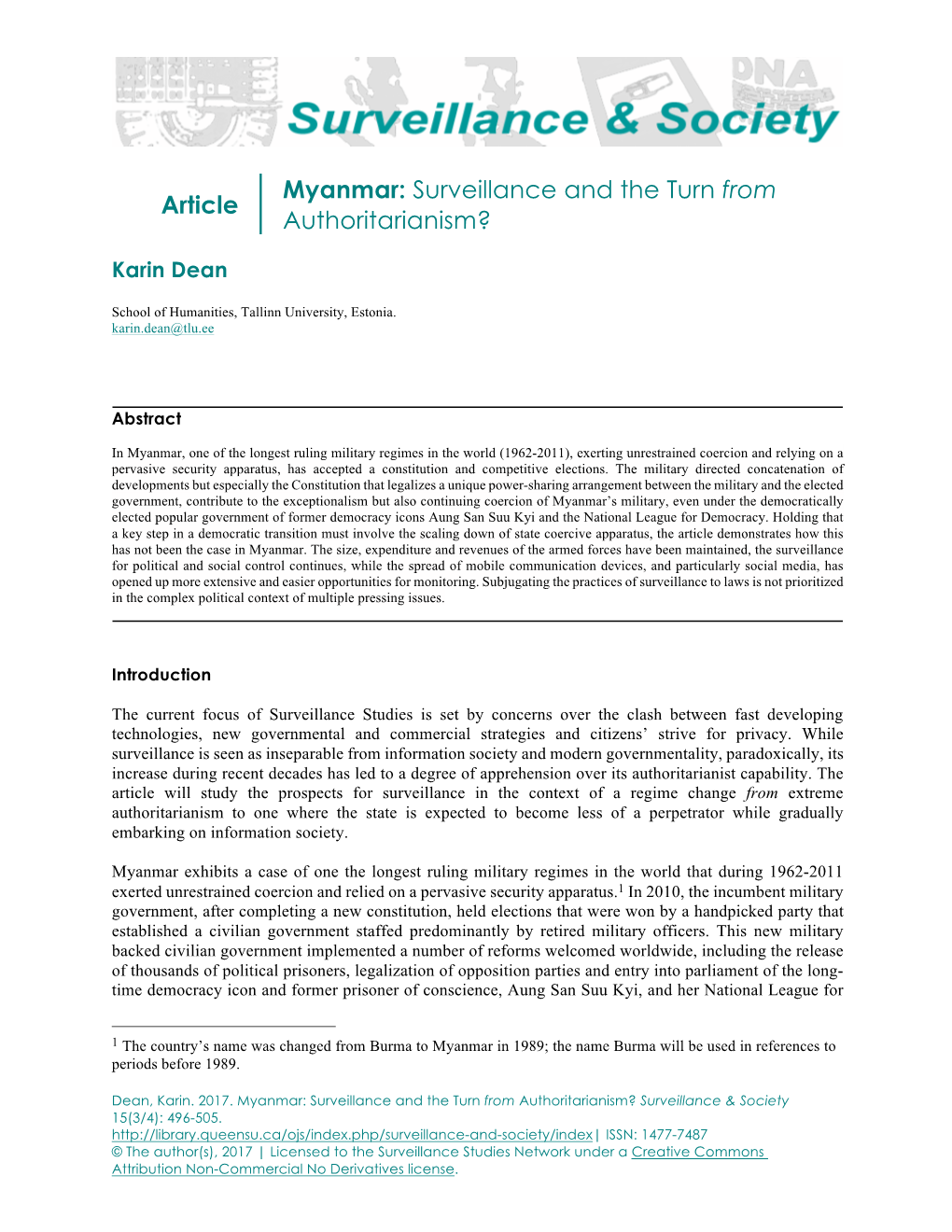 Article Myanmar: Surveillance and the Turn from Authoritarianism?