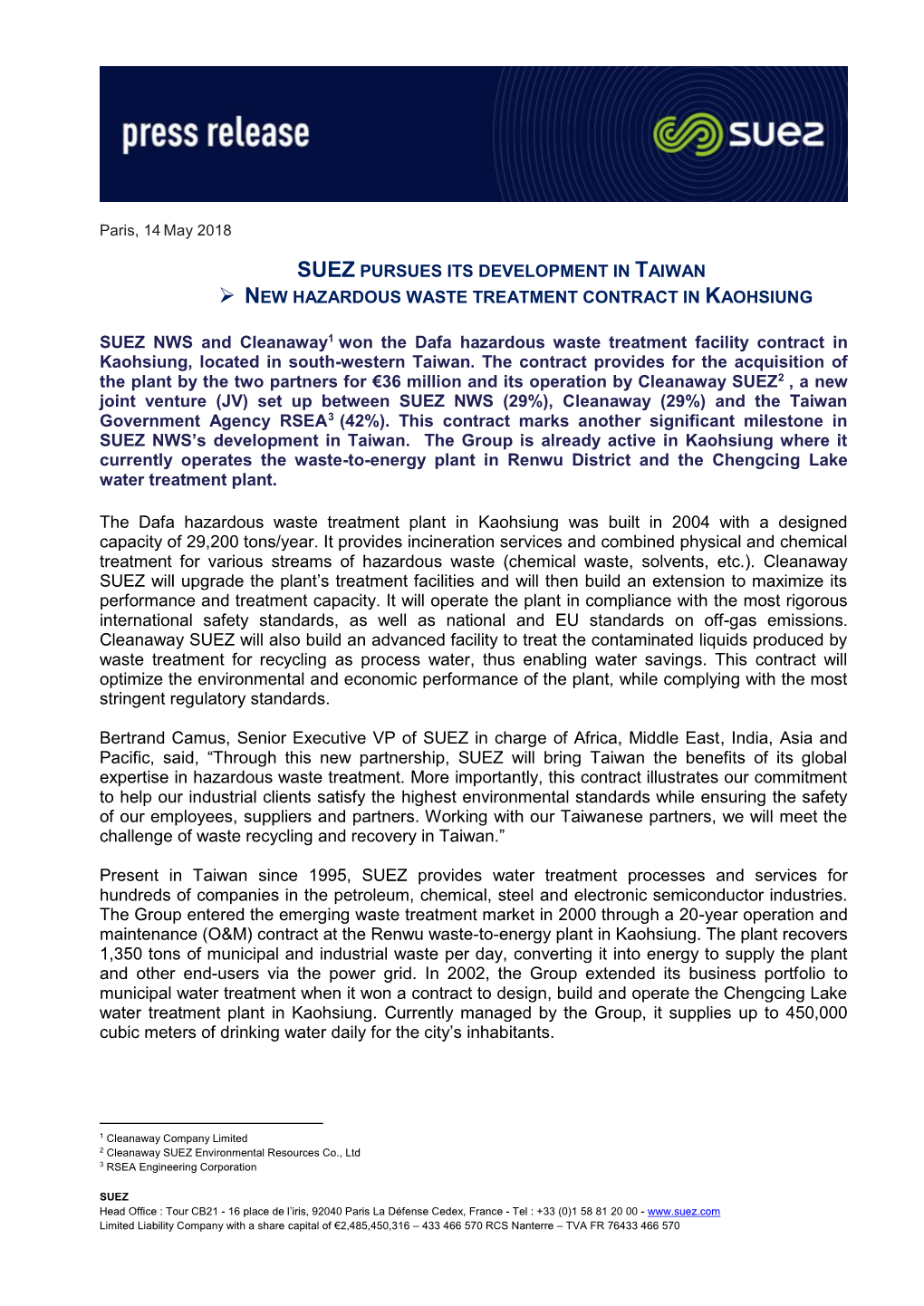 Suez Pursues Its Development in Taiwan New Hazardous