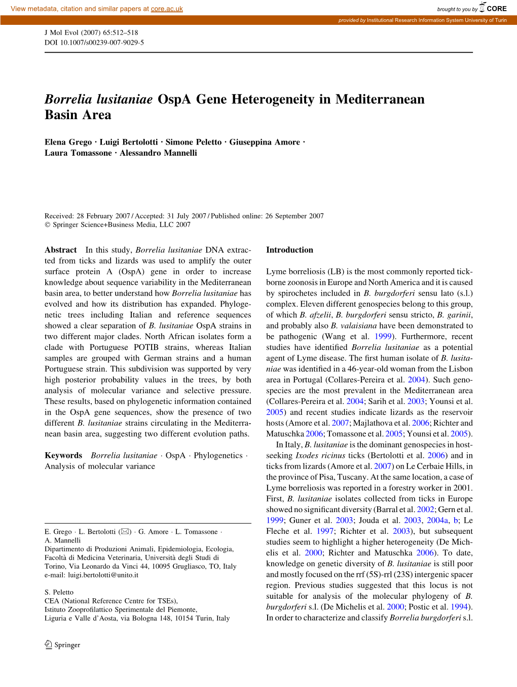 Borrelia Lusitaniae Ospa Gene Heterogeneity in Mediterranean Basin Area