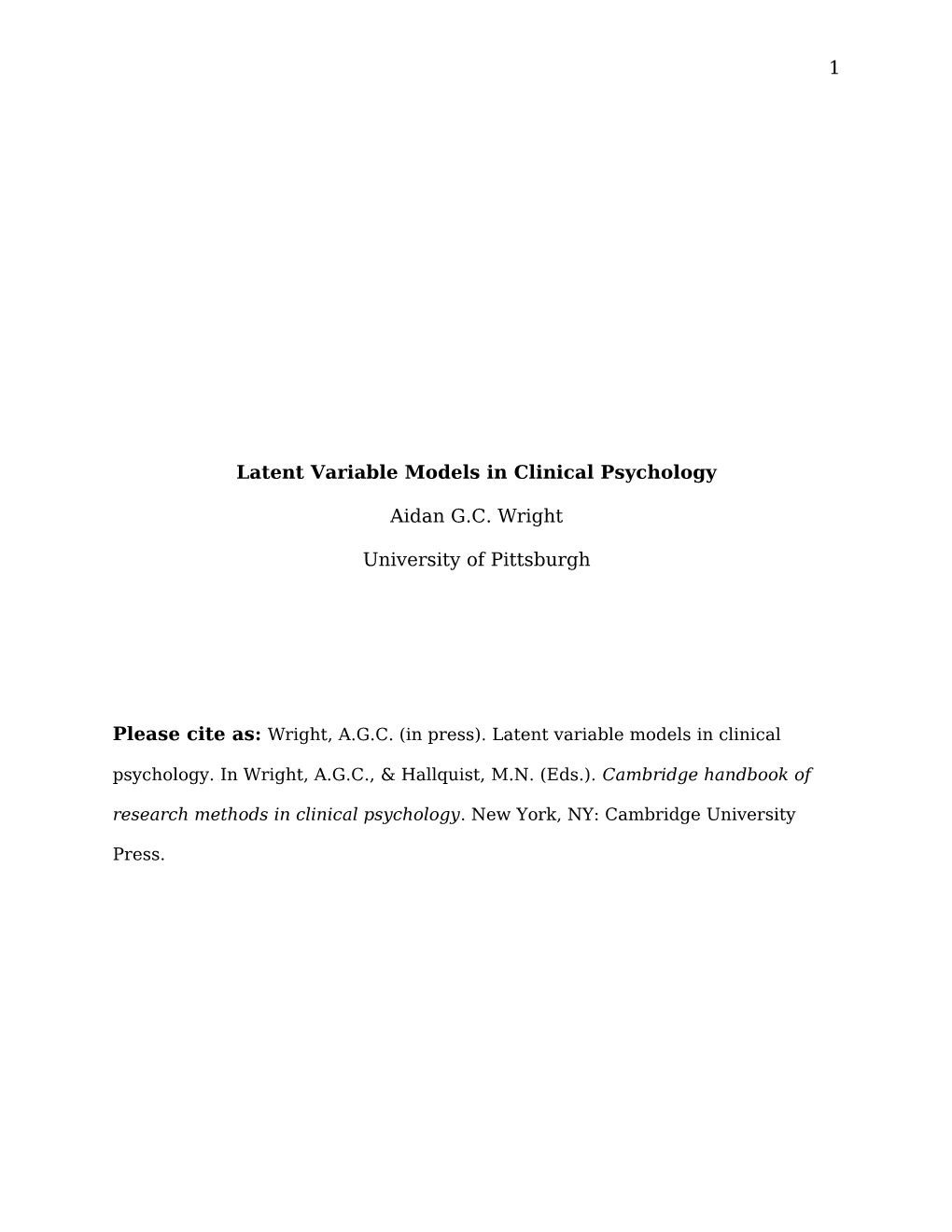 Wright, AGC (In Press). Latent Variable Models in Clinical
