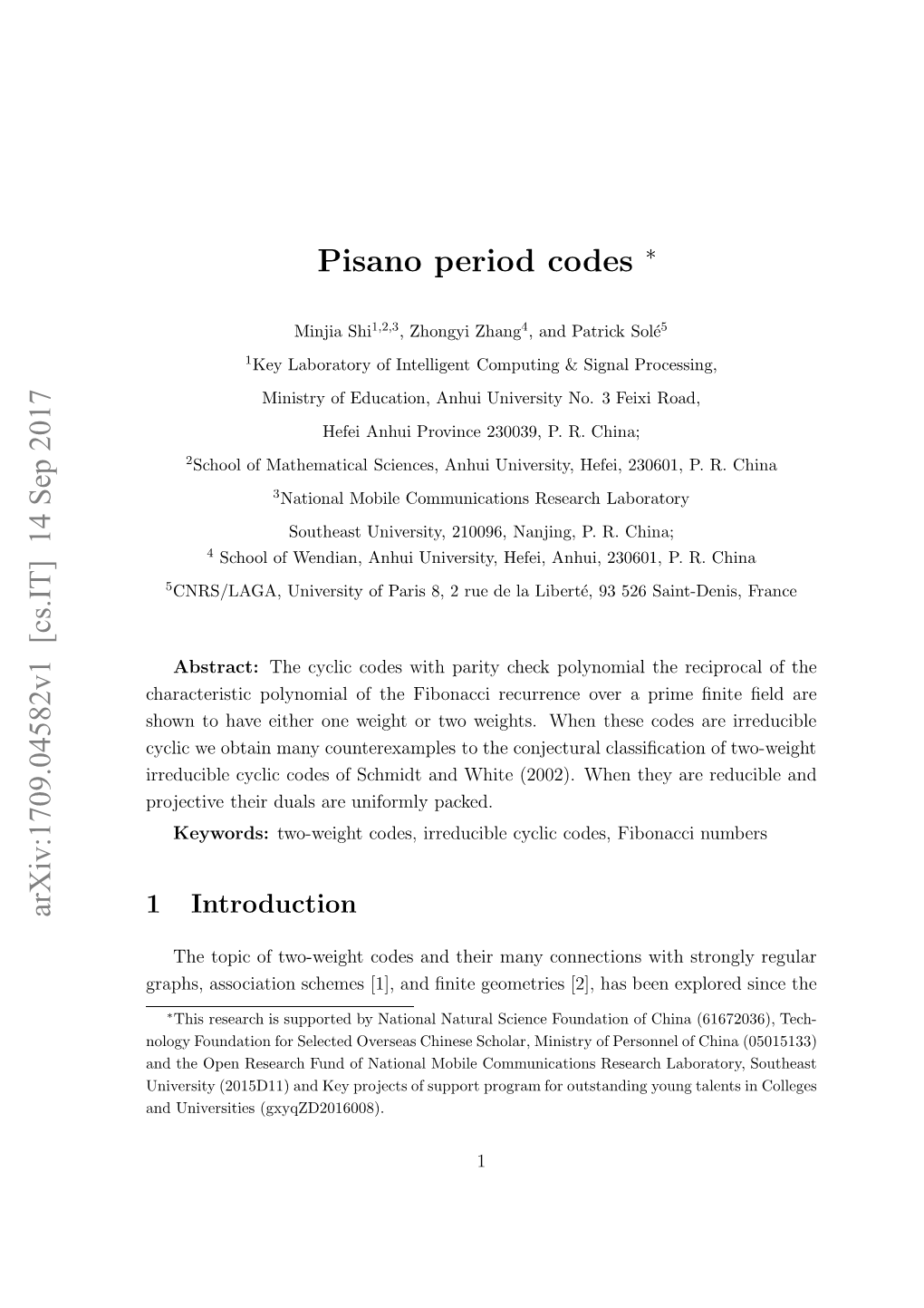 Arxiv:1709.04582V1 [Cs.IT] 14 Sep 2017 Pisano Period Codes