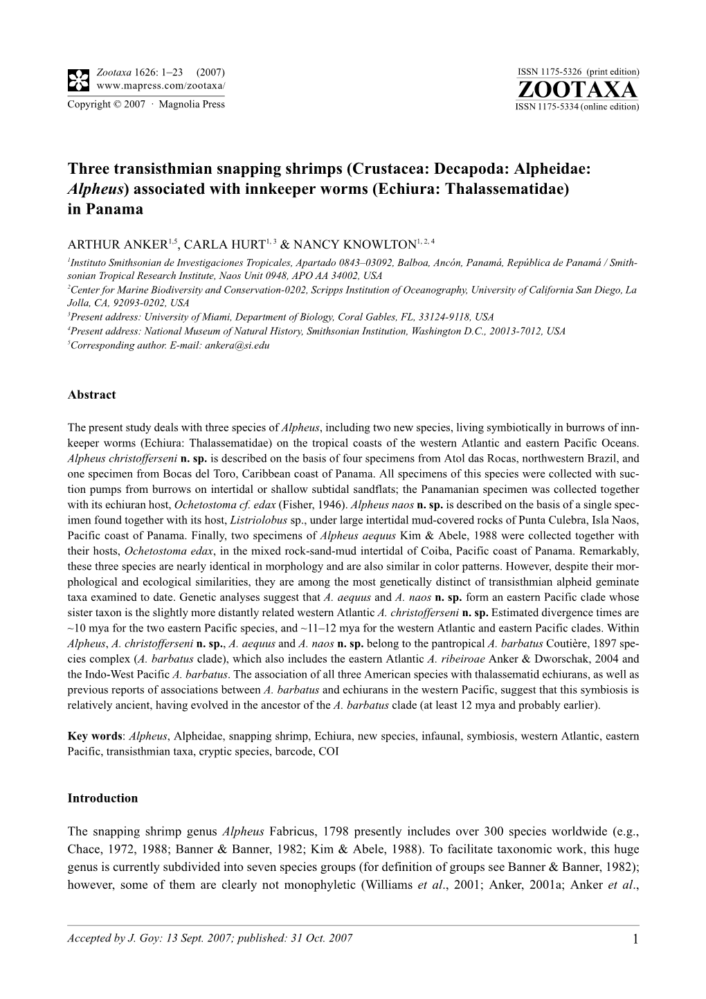 Zootaxa,Three Transisthmian Snapping Shrimps