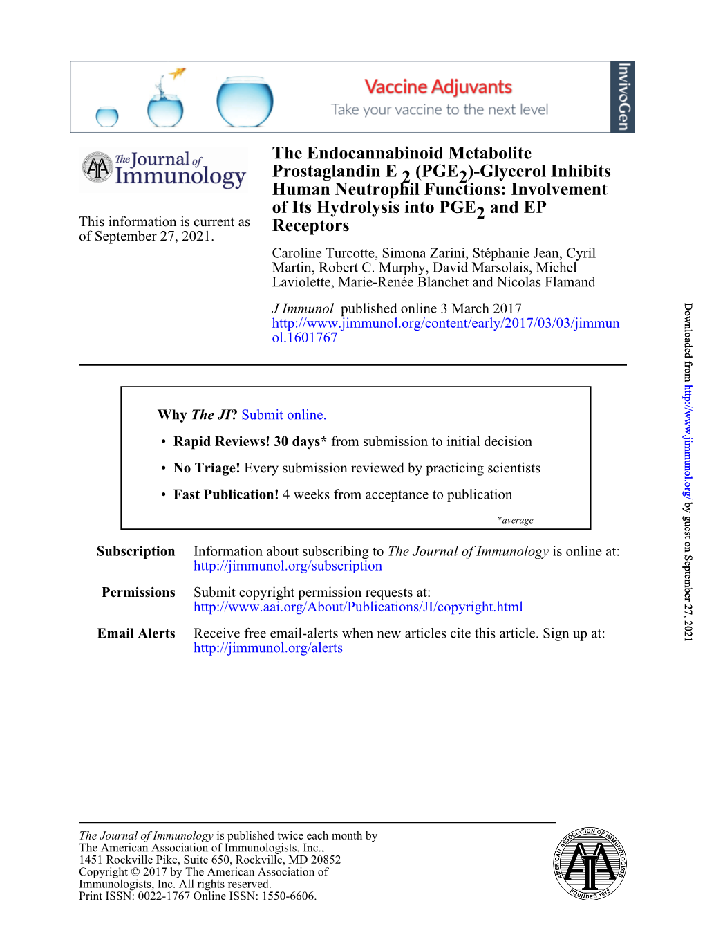 Glycerol Inhibits Human Neutrophil Functions: Involvement of Its Hydrolysis Into PGE2 and EP This Information Is Current As Receptors of September 27, 2021