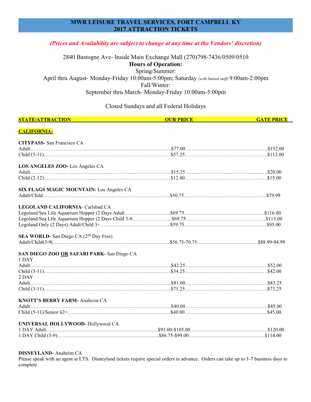 Mwr Leisure Travel Services, Fort Campbell Ky 2017 Attraction Tickets