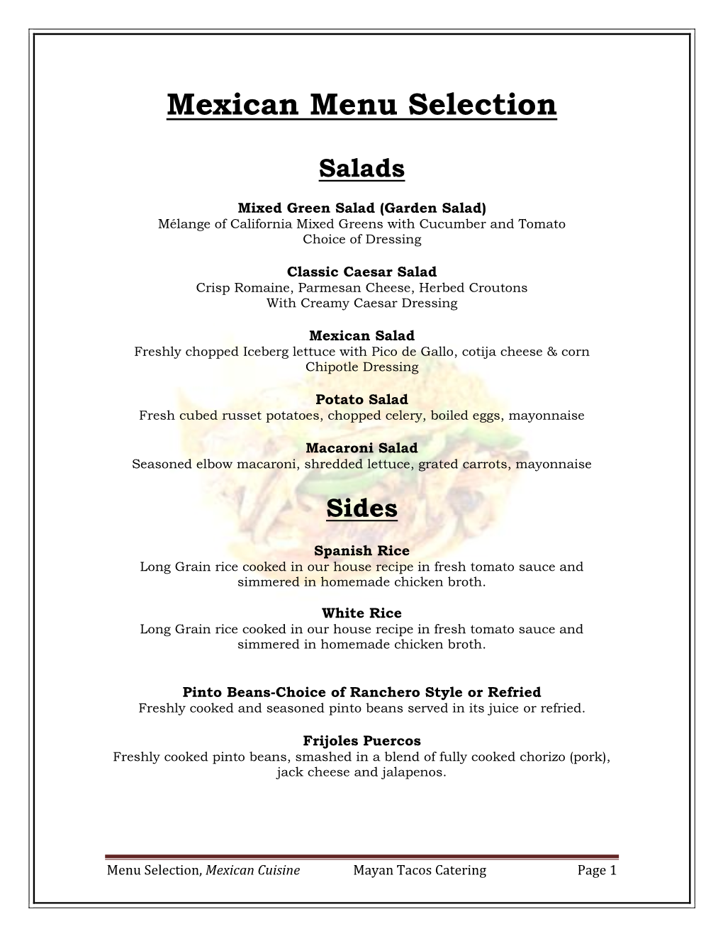 Mexican Menu Selection