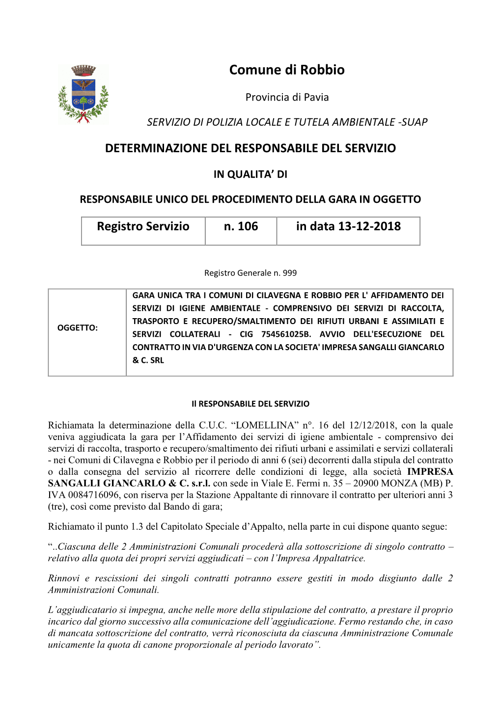 Determina Polizia Locale Robbio N. 106/2018