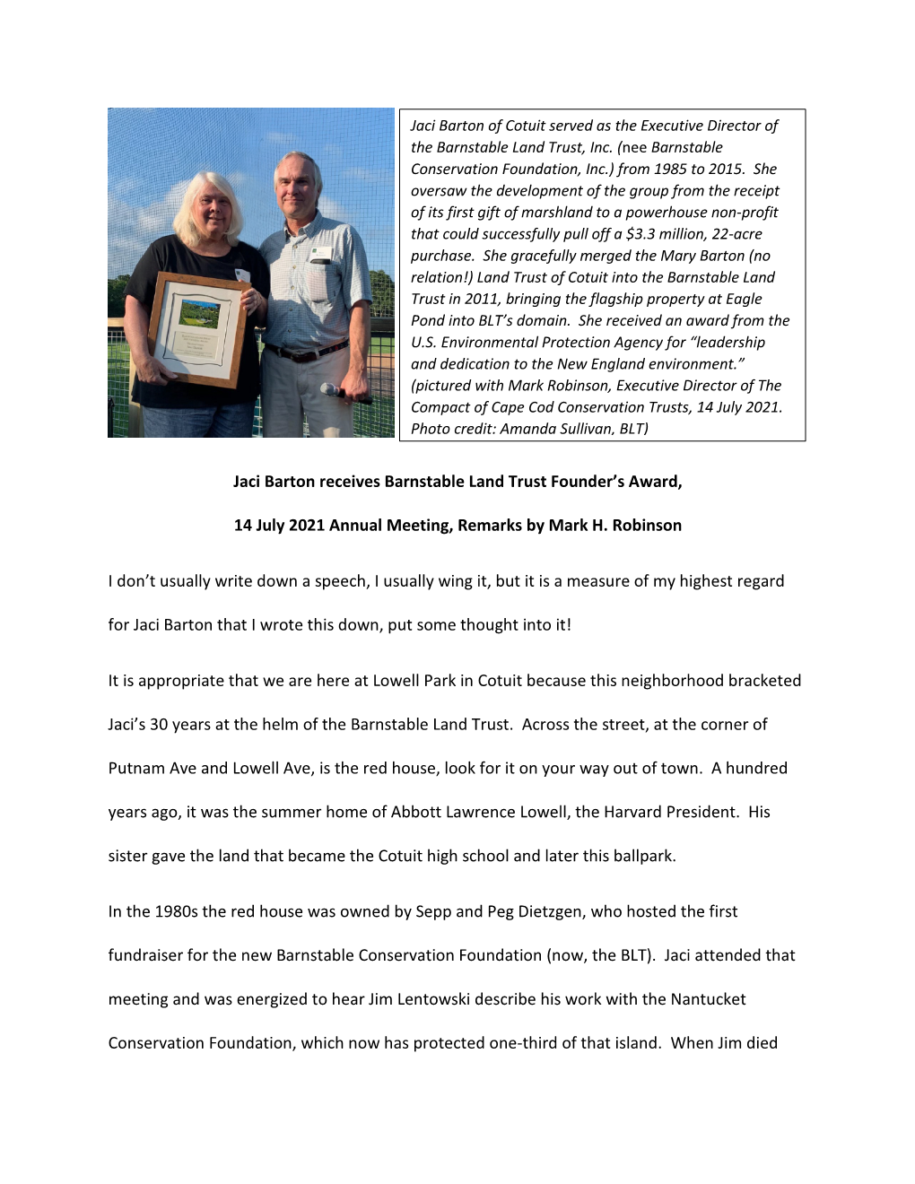 Jaci Barton Receives Barnstable Land Trust Founder's Award, 14 July