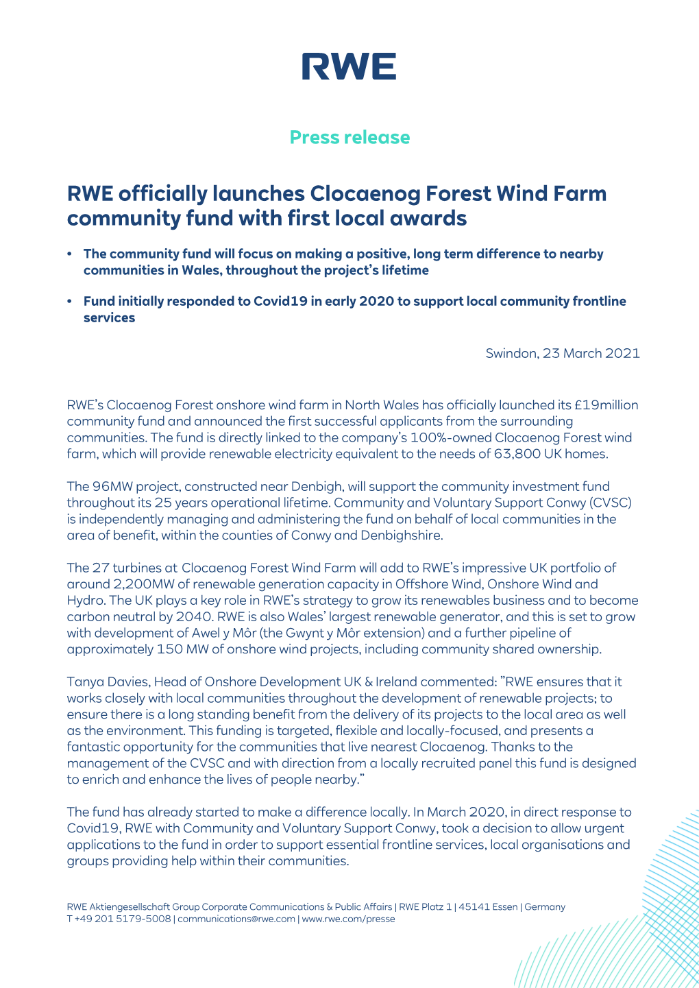 RWE Officially Launches Clocaenog Forest Wind Farm Community Fund with First Local Awards