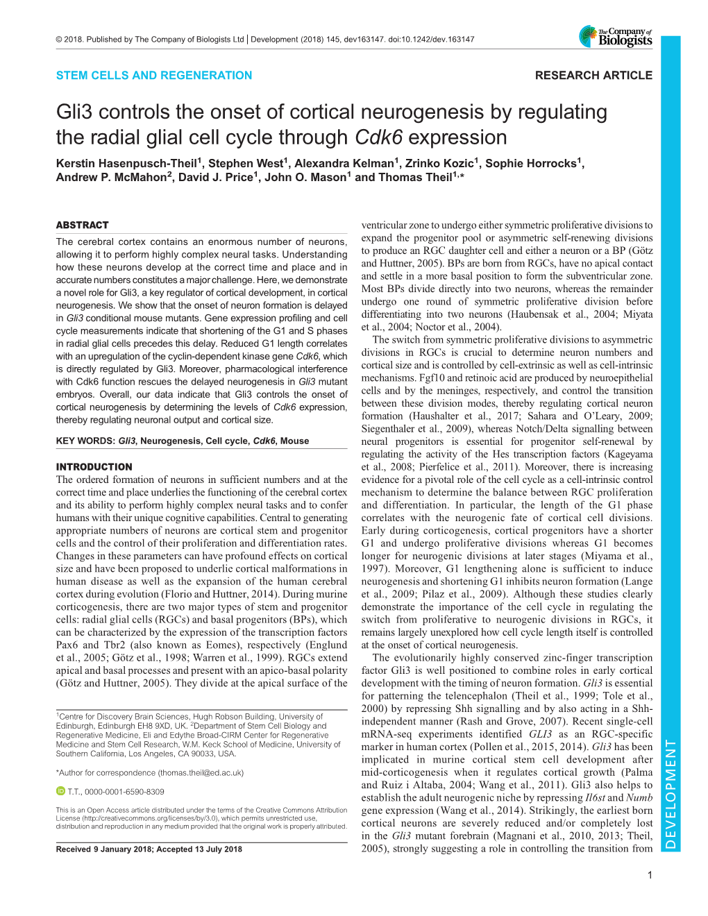 Gli3 Controls the Onset of Cortical Neurogenesis by Regulating The