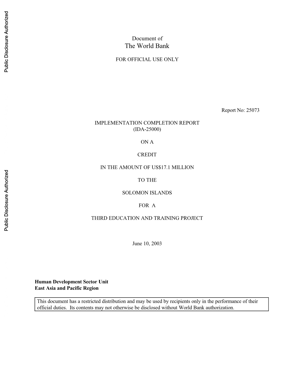 World Bank Documents L Staff Appraisal Report L Working Papers for the Third Education Project Vol