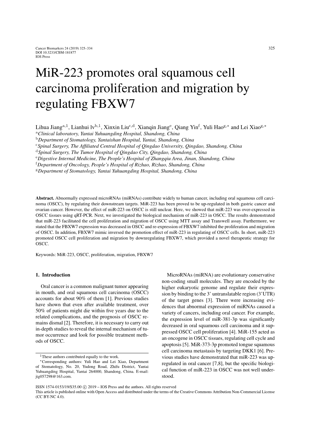 Mir-223 Promotes Oral Squamous Cell Carcinoma Proliferation and Migration by Regulating FBXW7