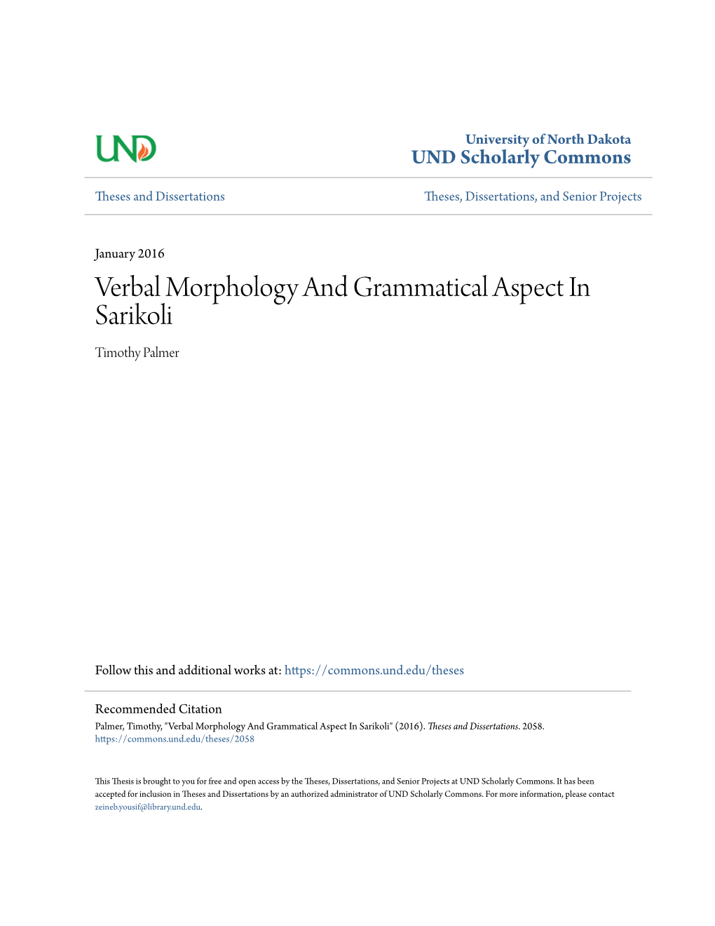 Verbal Morphology and Grammatical Aspect in Sarikoli Timothy Palmer