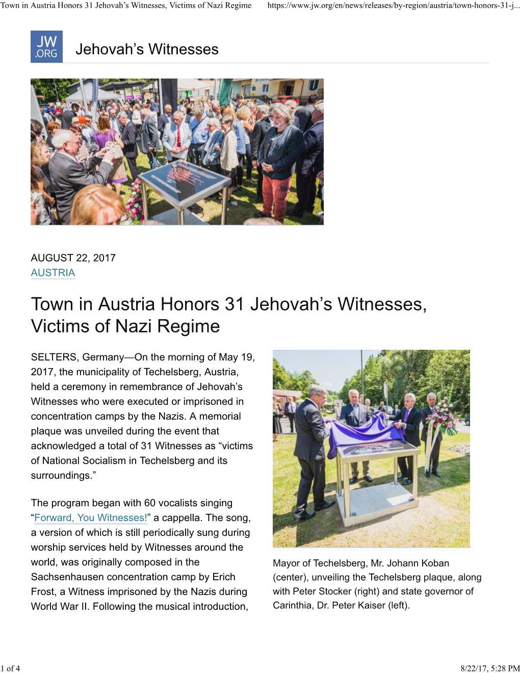 Town in Austria Honors 31 Jehovah's Witnesses, Victims of Nazi