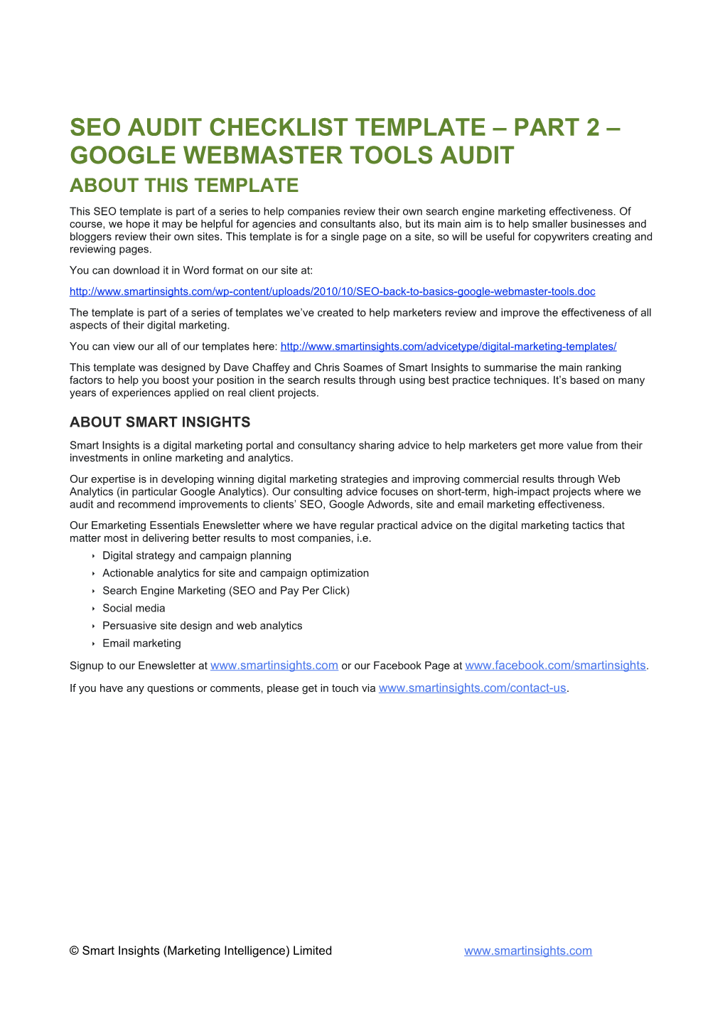 SEO AUDIT CHECKLIST Template Part 2 Google Webmaster Tools AUDIT