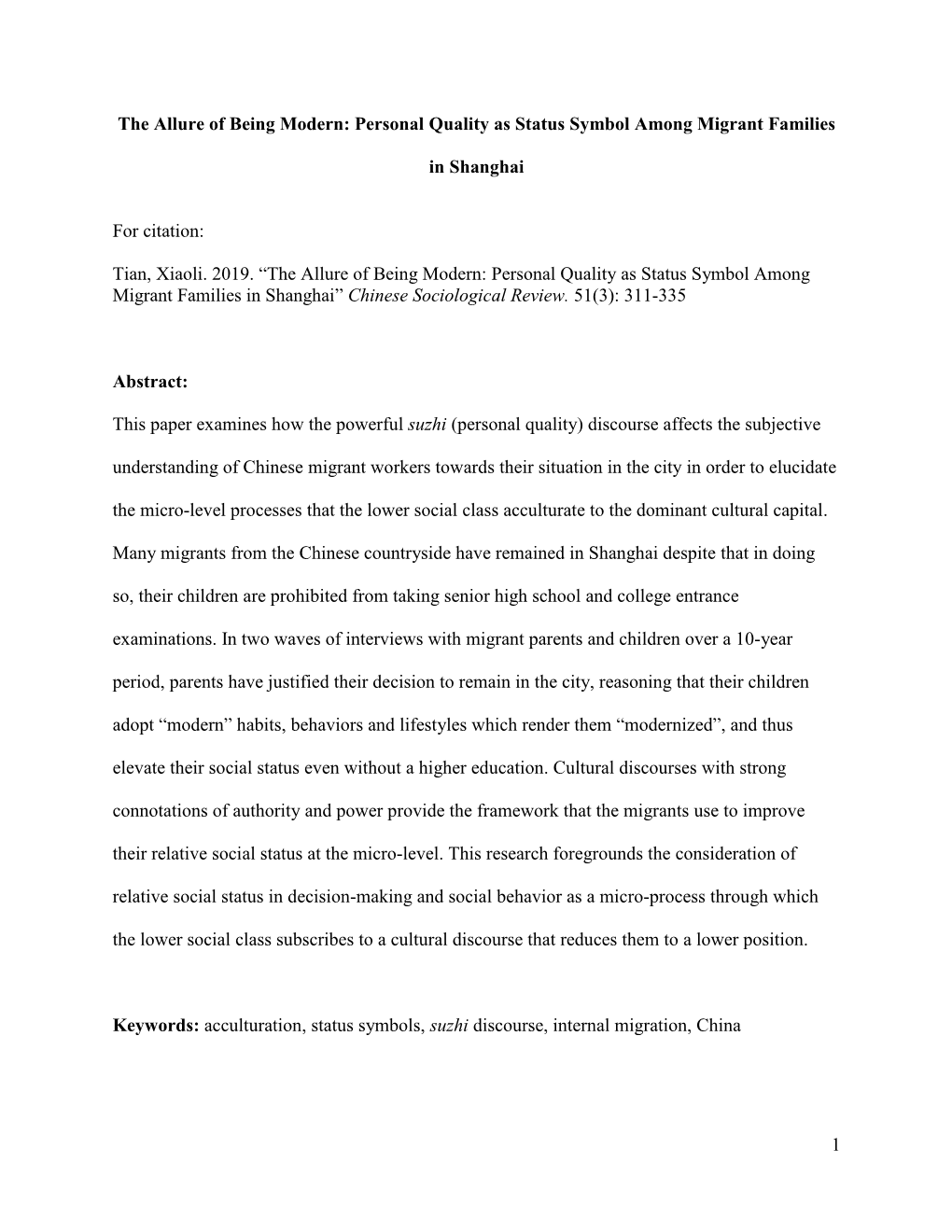 Personal Quality As Status Symbol Among Migrant Families in Shanghai” Chinese Sociological Review