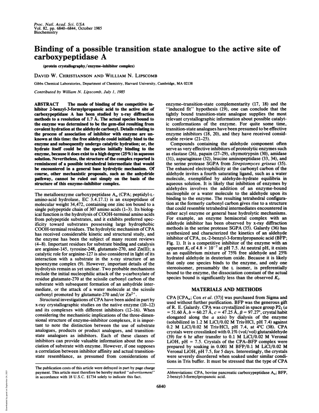 Carboxypeptidase a (Protein Crystallography/Enzyme-Inhibitor Complex) DAVID W