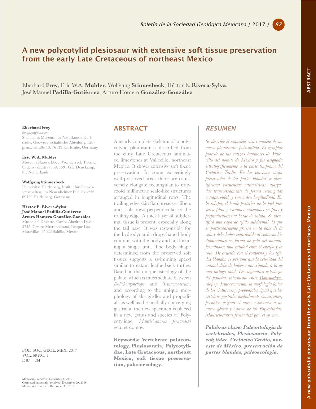 A New Polycotylid Plesiosaur with Extensive Soft Tissue Preservation from the Early Late Cretaceous of Northeast Mexico