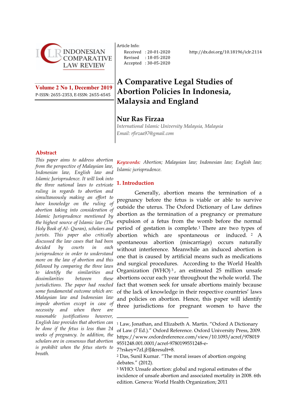 A Comparative Legal Studies of Abortion Policies in Indonesia