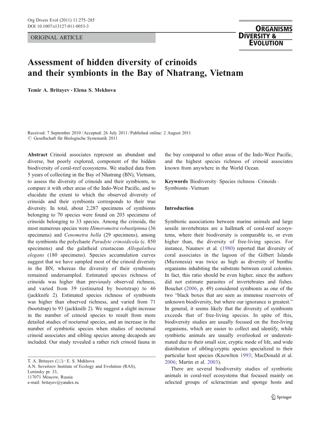 Assessment of Hidden Diversity of Crinoids and Their Symbionts in the Bay of Nhatrang, Vietnam