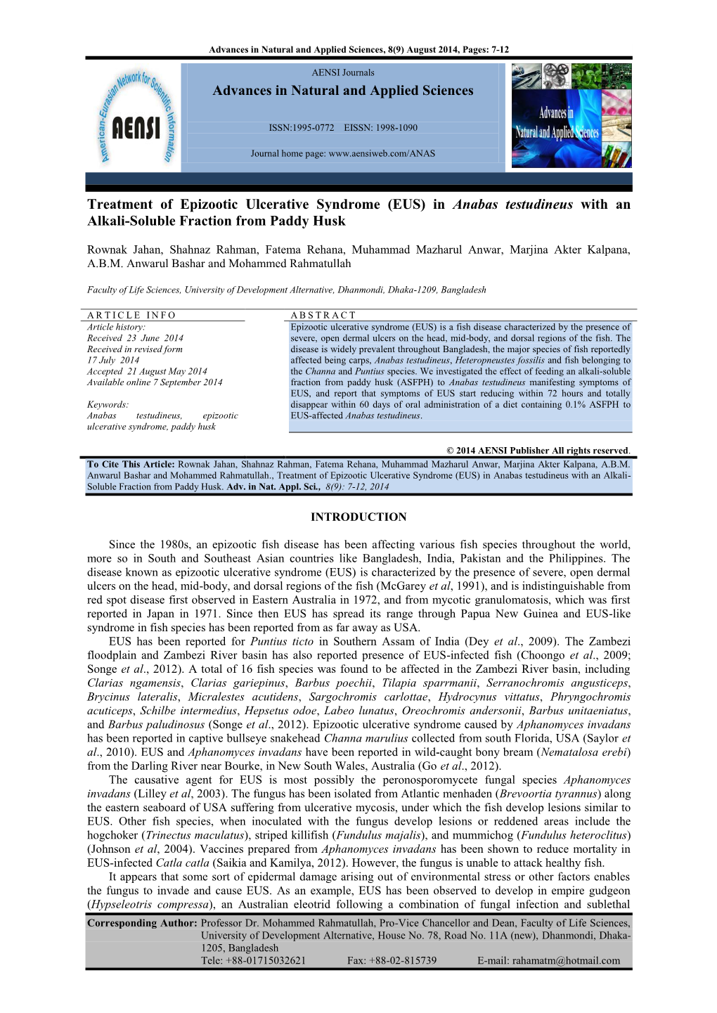 Treatment of Epizootic Ulcerative Syndrome (EUS) in Anabas Testudineus with an Alkali-Soluble Fraction from Paddy Husk