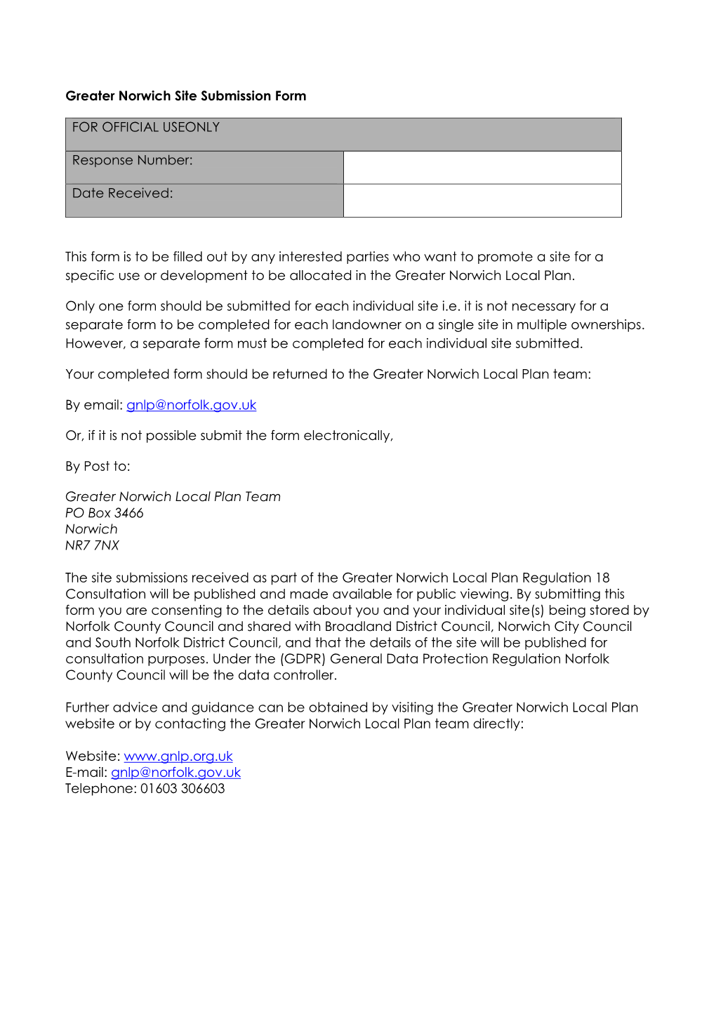 Greater Norwich Site Submission Form