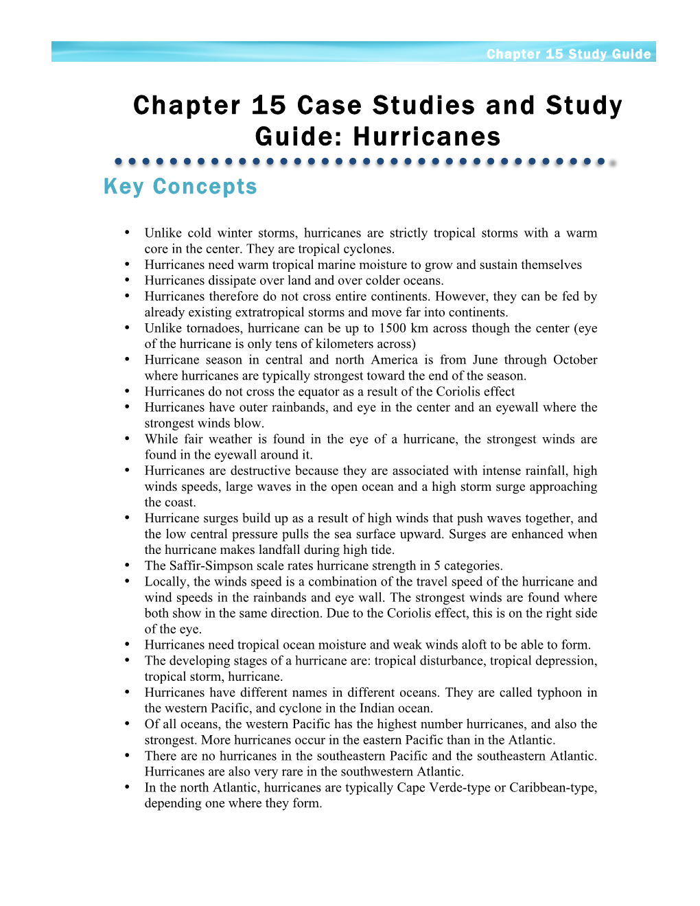 Chapter 15 Case Studies and Study Guide: Hurricanes