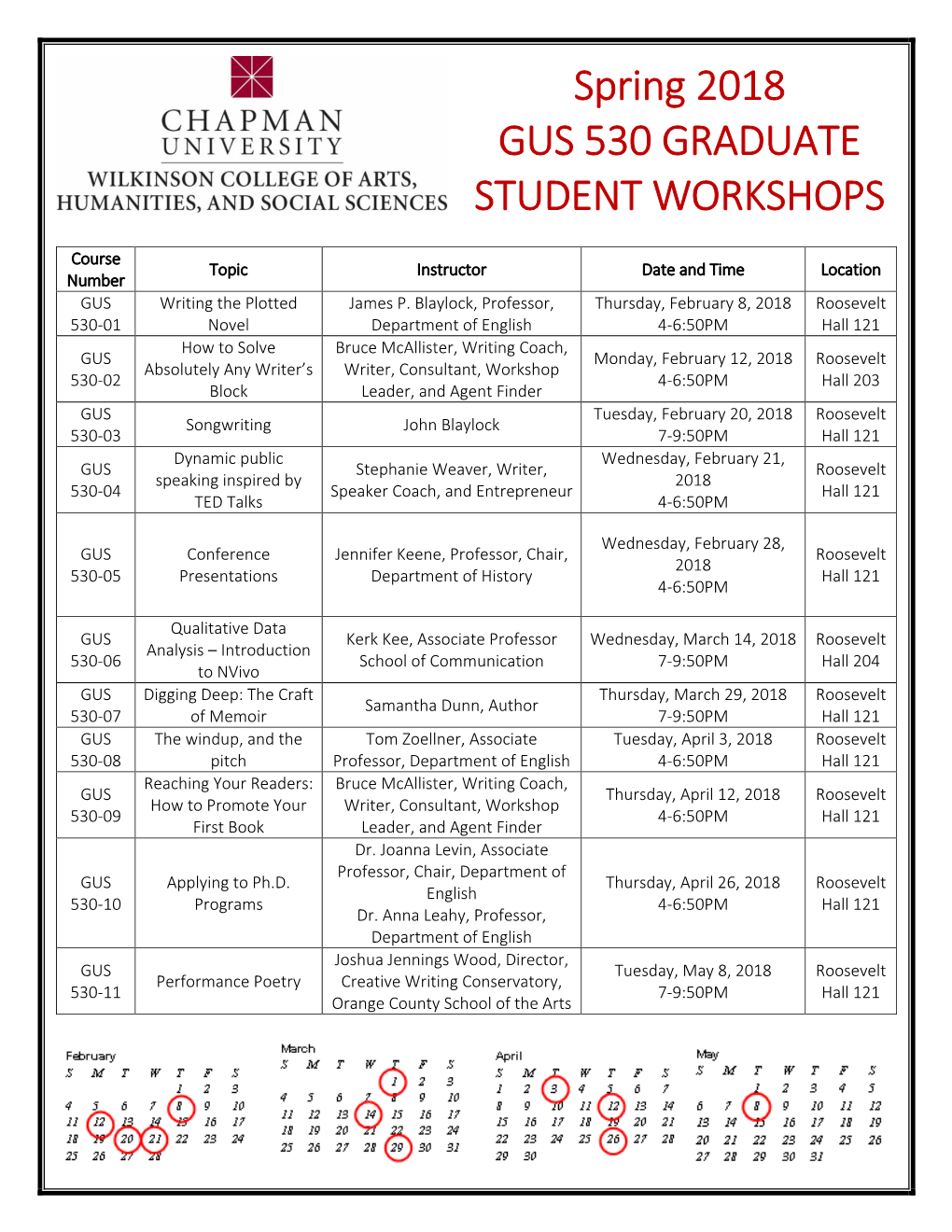 Spring 2018 Graduate Student Workshop Schedule