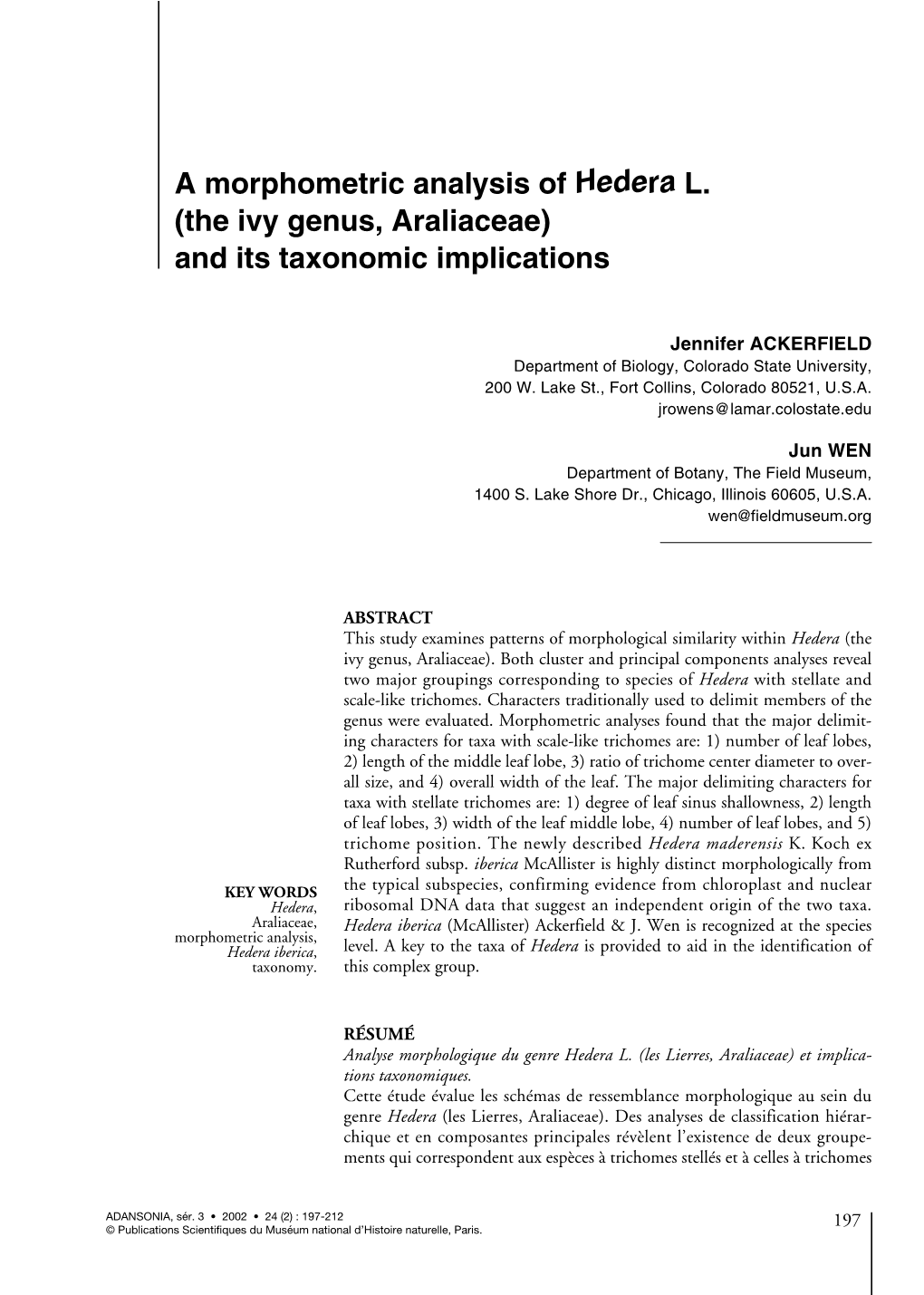 A Morphometric Analysis of Hedera L. (The Ivy Genus, Araliaceae) and Its Taxonomic Implications