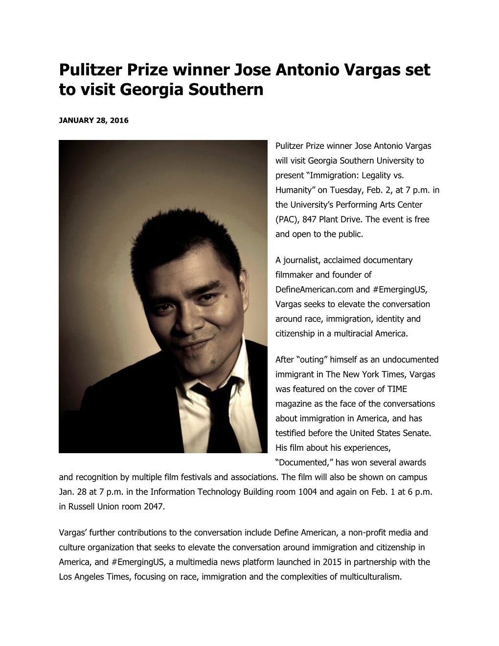 Pulitzer Prize Winner Jose Antonio Vargas Set to Visit Georgia Southern