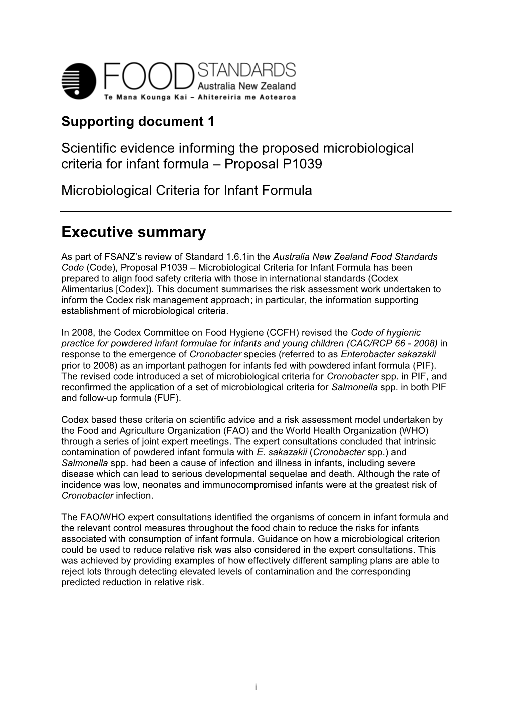 Proposal P1039 Microbiological Criteria for Infant Formula