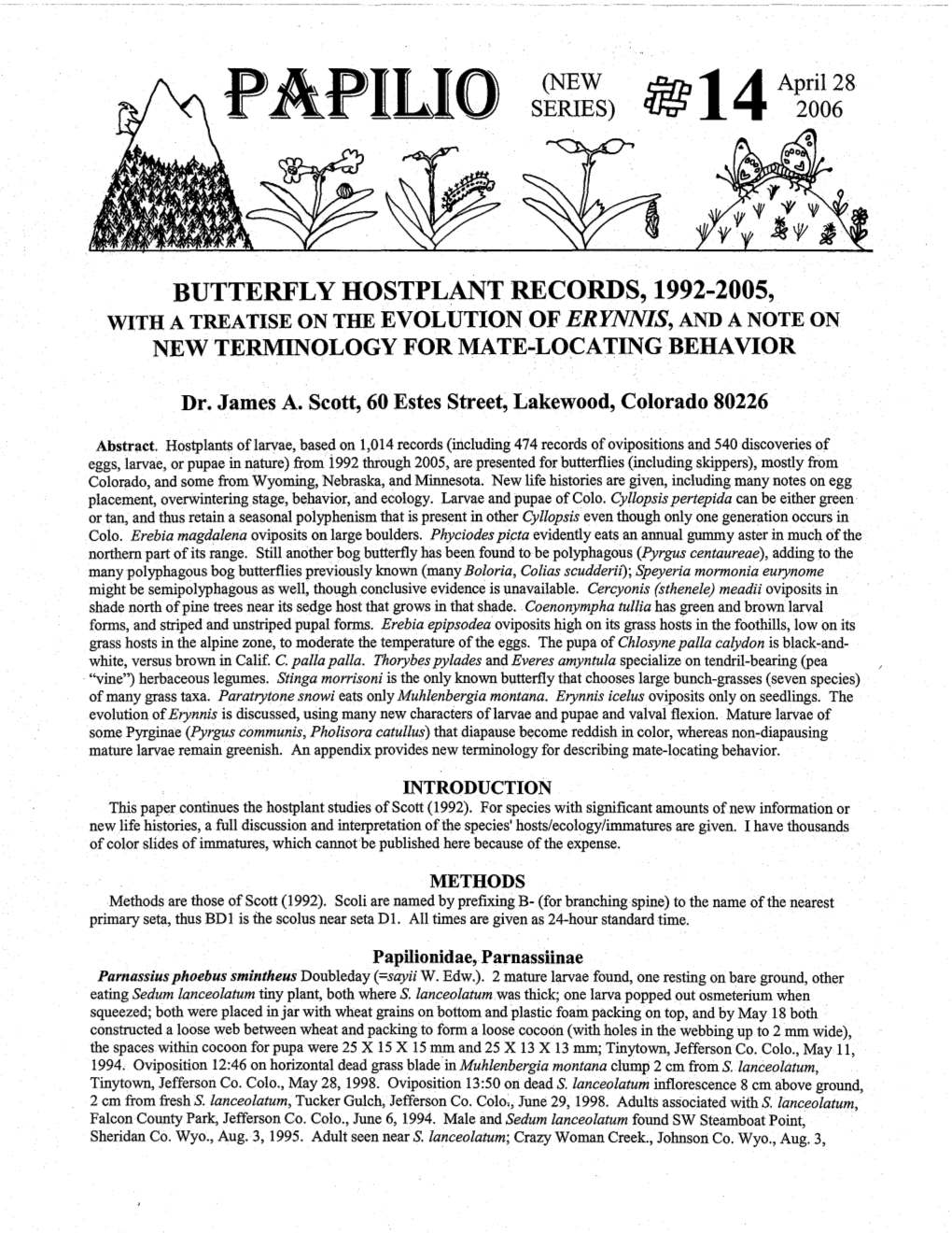 Butterfly Hostplant Records, 1992-2005, with a Treatise on the Evolution of Erynnis, and a Note on New Terminology for Mate-Locating Behavior