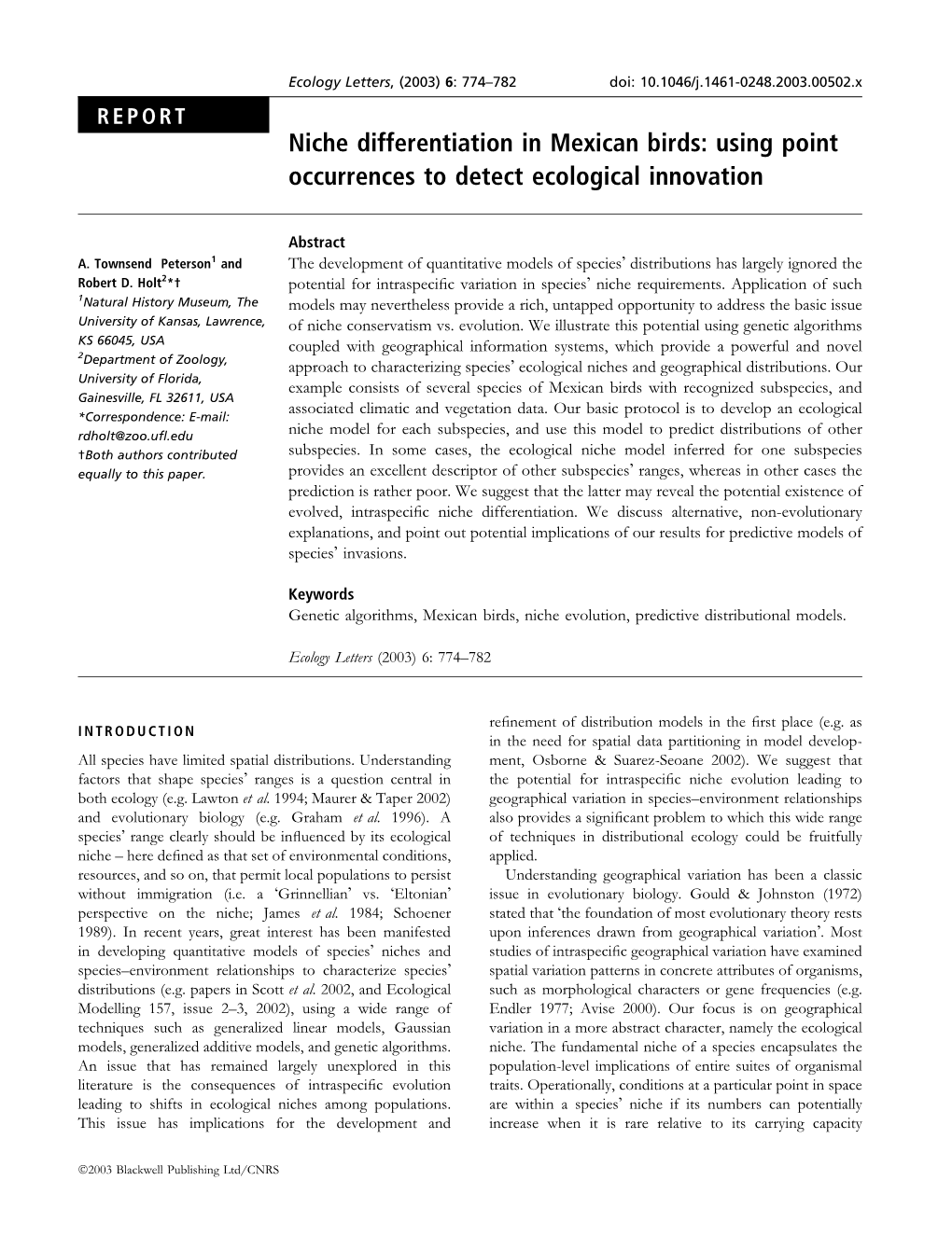 Niche Differentiation in Mexican Birds: Using Point Occurrences to Detect Ecological Innovation