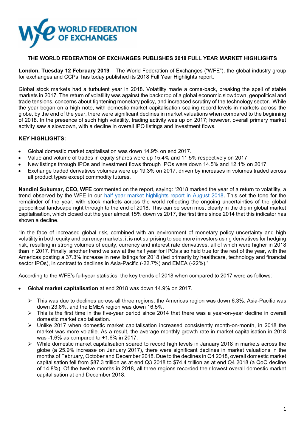 2018 Full Year Market Highlights Report