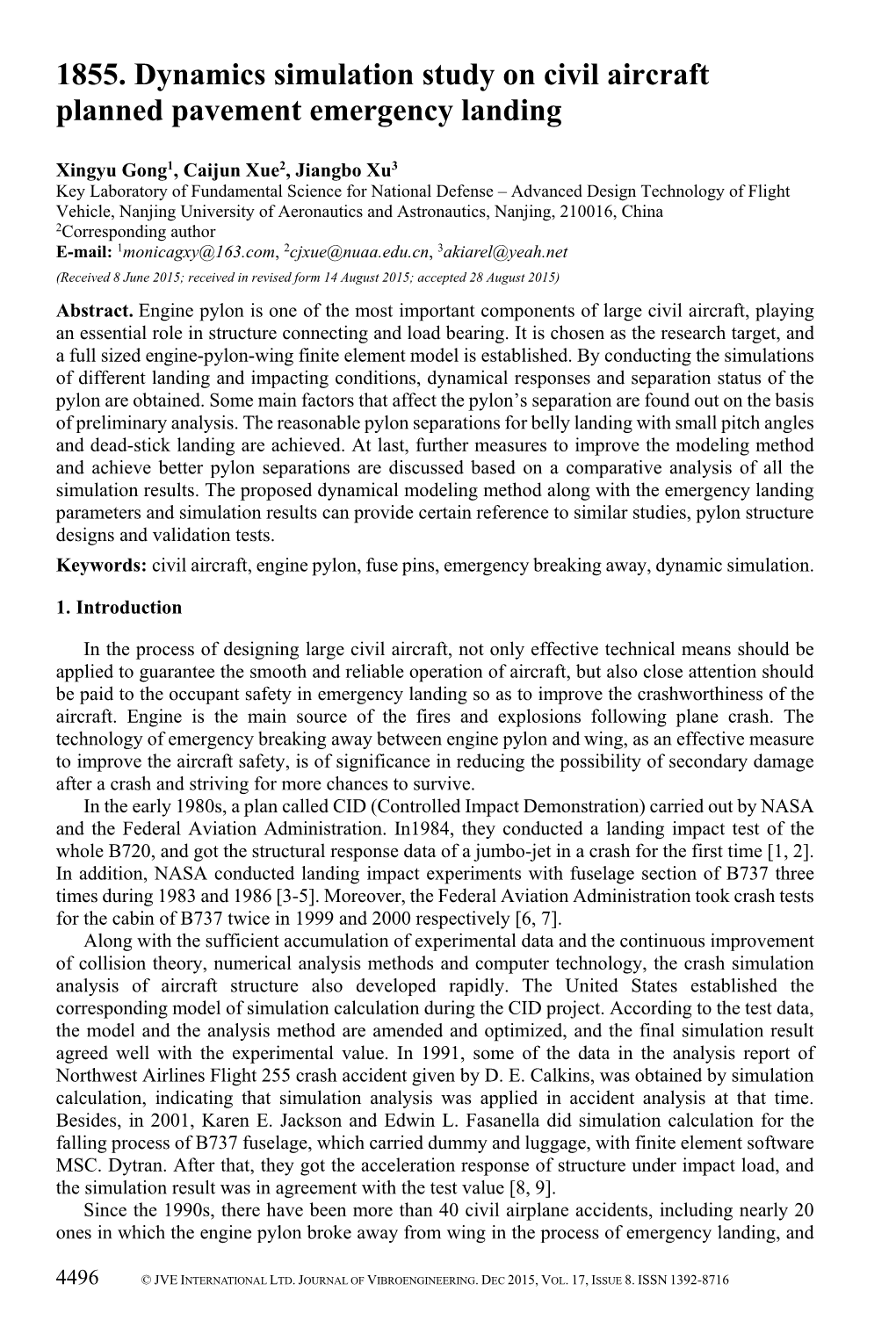 1855. Dynamics Simulation Study on Civil Aircraft Planned Pavement Emergency Landing