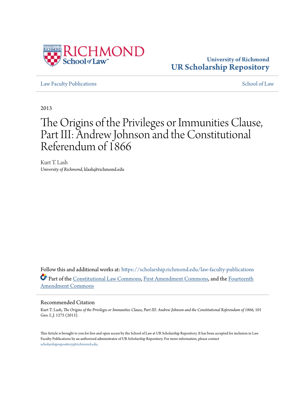 The Origins of the Privileges Or Immunities Clause, Part III: Andrew Johnson and the Constitutional Referendum of 1866 Kurt T