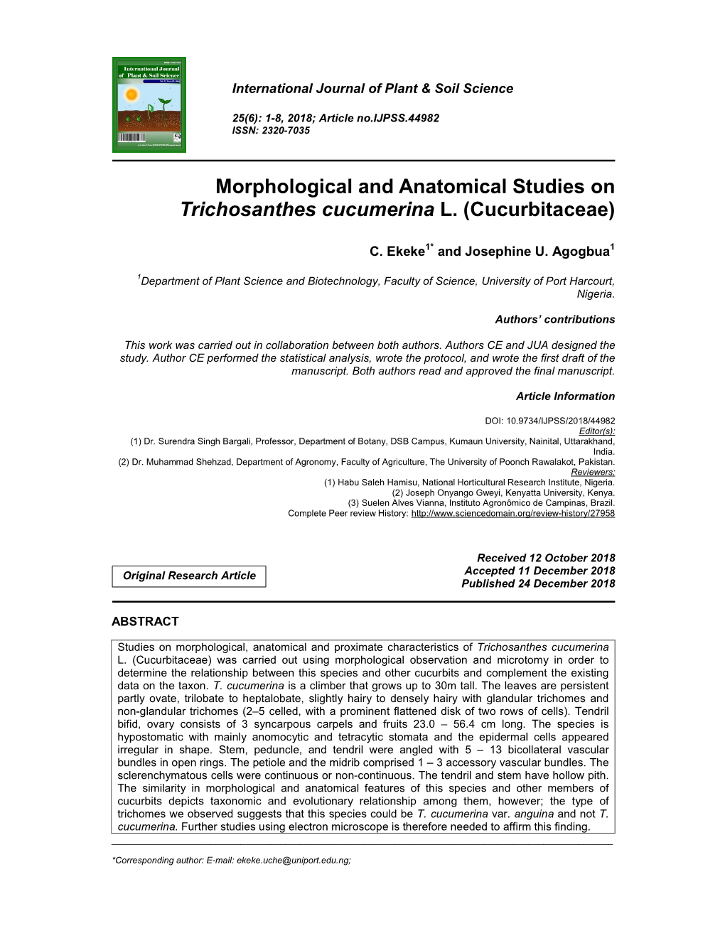 Morphological and Anatomical Studies on Trichosanthes Cucumerina L