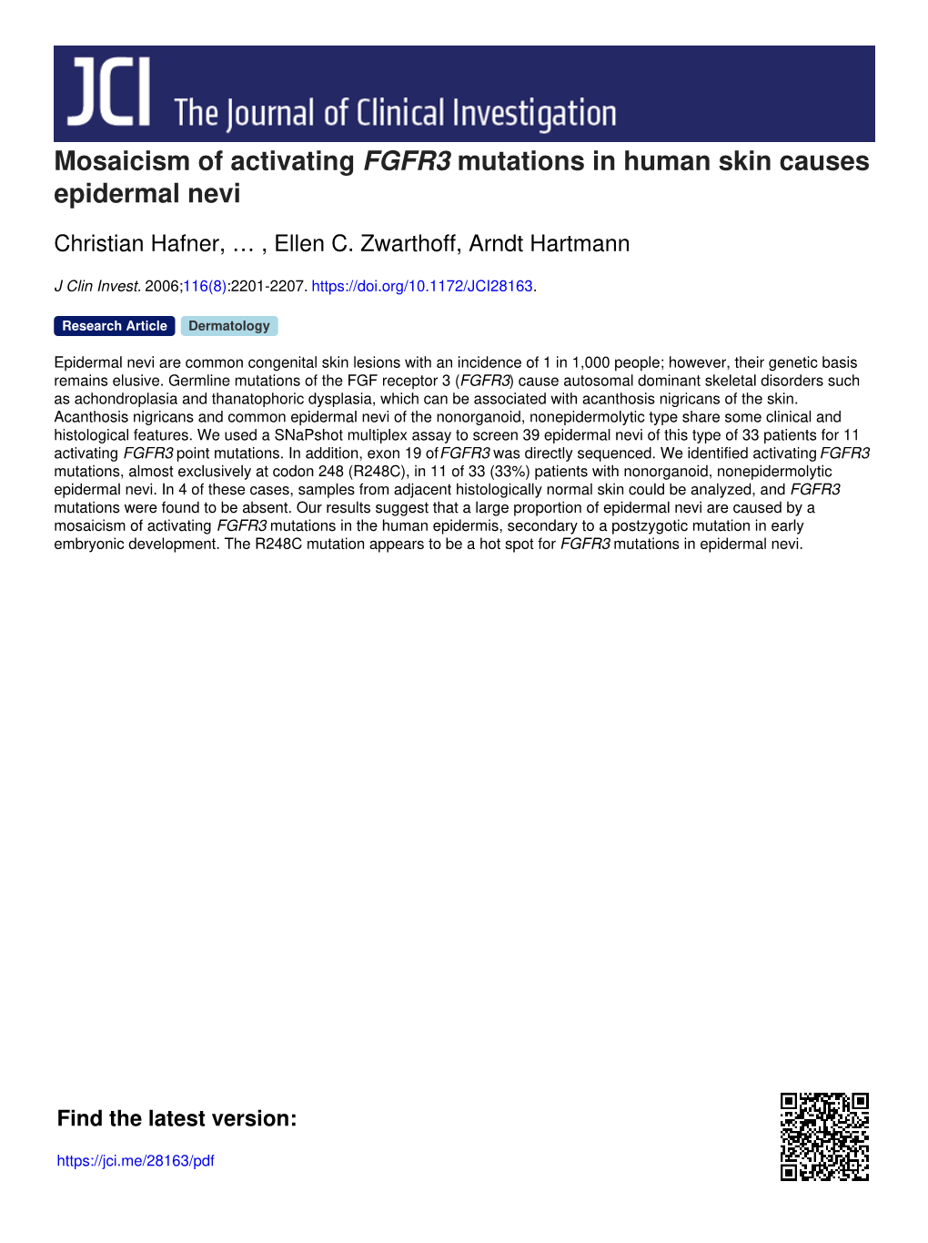 Mosaicism of Activating FGFR3 Mutations in Human Skin Causes Epidermal Nevi