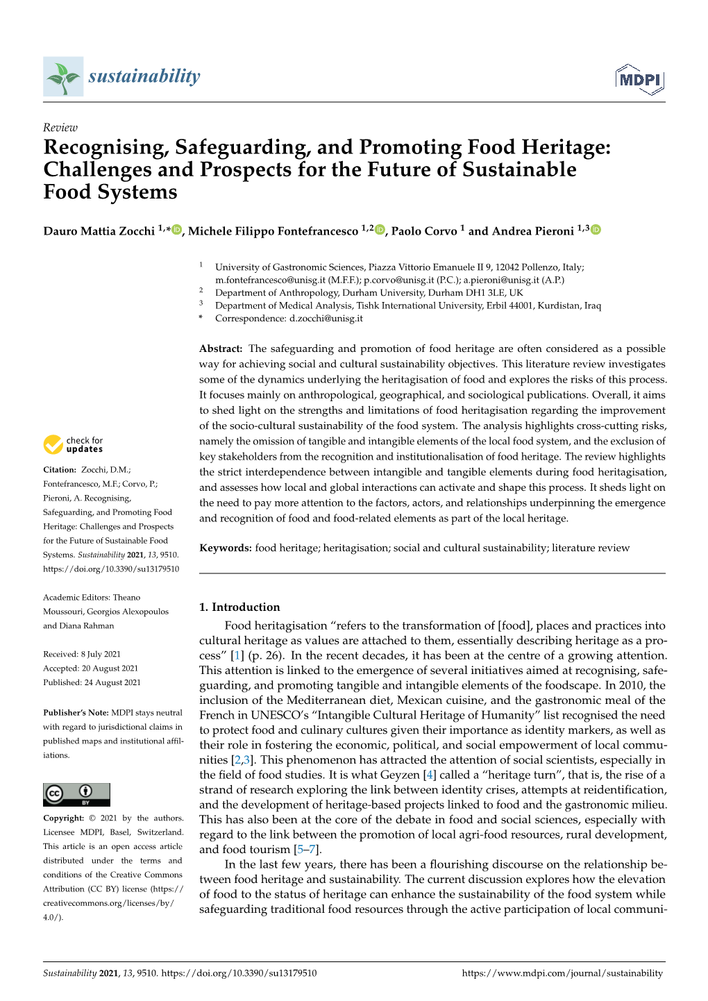Recognising, Safeguarding and Promoting Food Heritage: Challenges and Prospects for the Future of Sustainable Food Systems