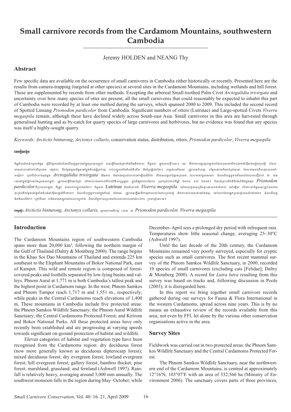 Small Carnivore Records from the Cardamom Mountains, Southwestern Cambodia