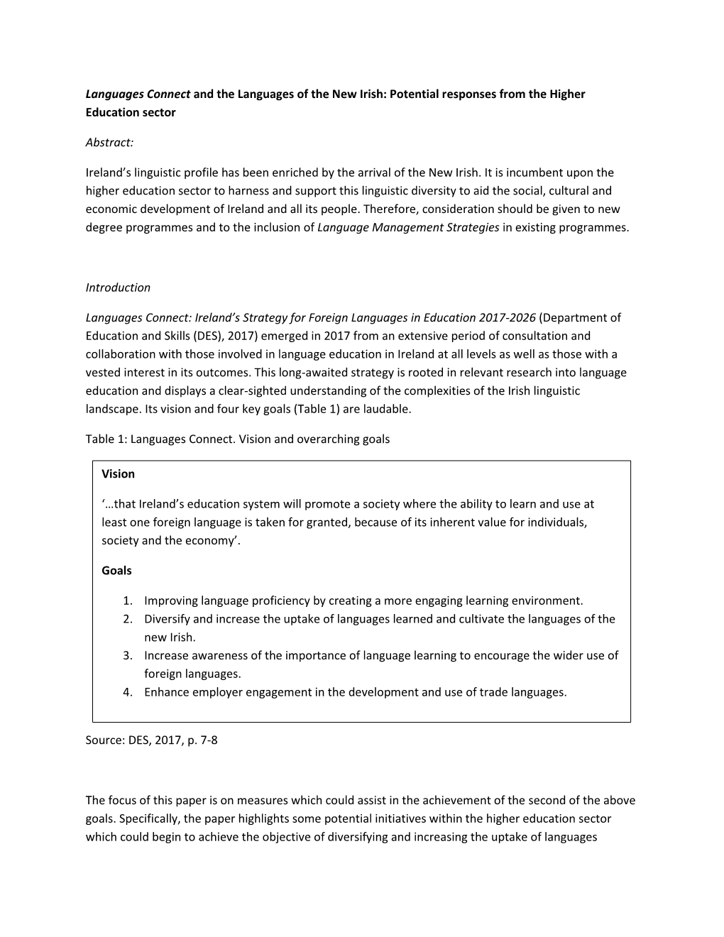 Languages Connect and the Languages of the New Irish: Potential Responses from the Higher Education Sector