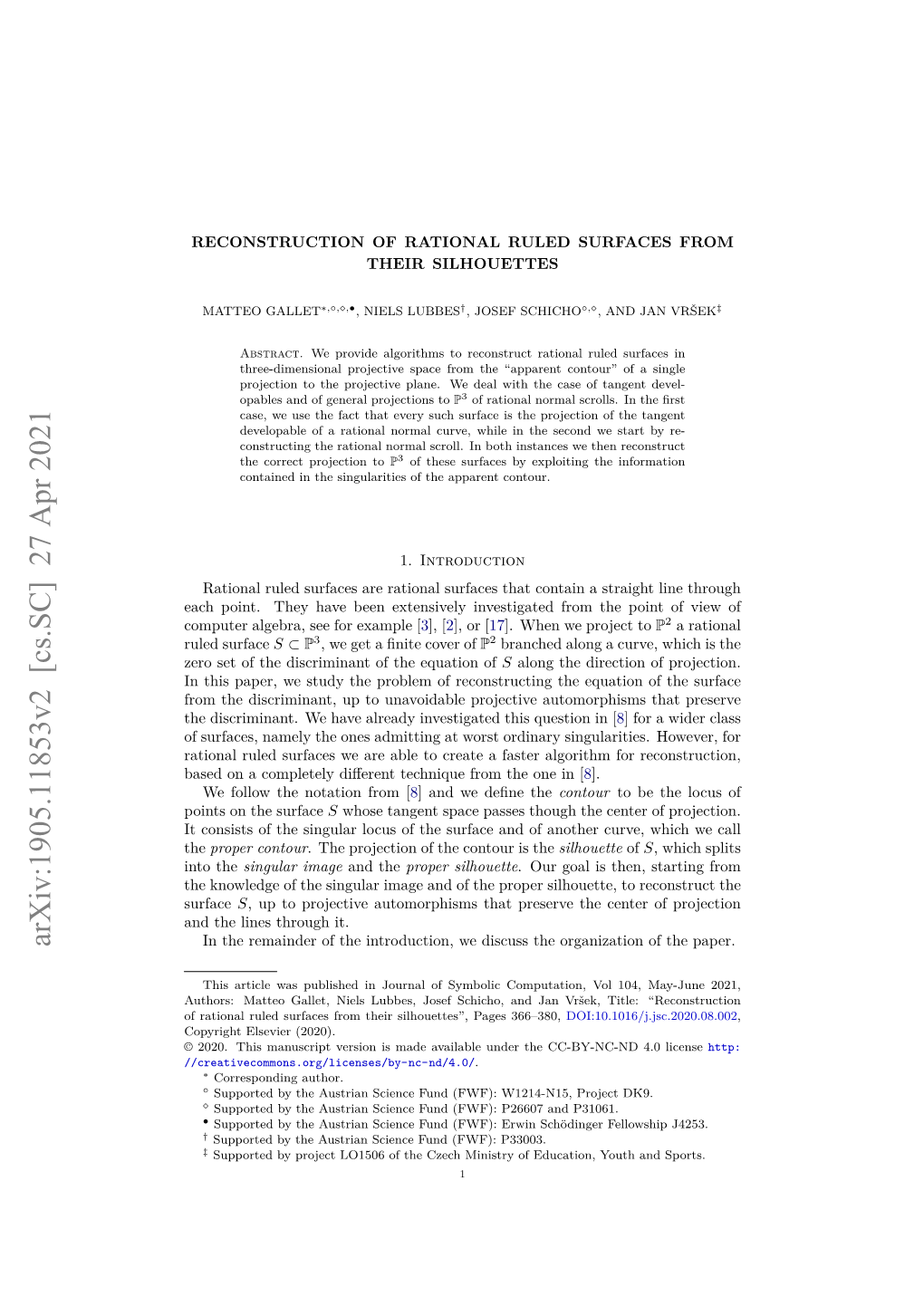 Arxiv:1905.11853V2 [Cs.SC] 27 Apr 2021 in the Remainder of the Introduction, We Discuss the Organization of the Paper